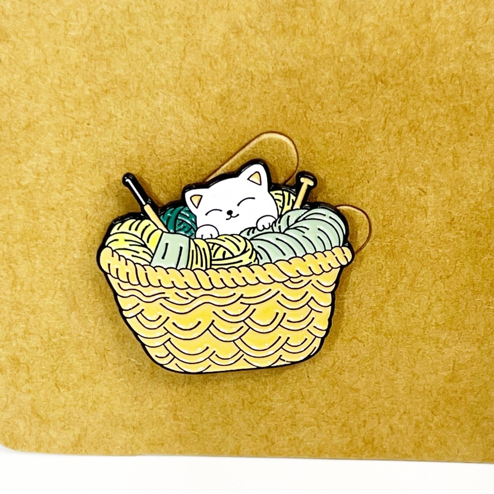 Cat In Knitting Basket Enamel Pin